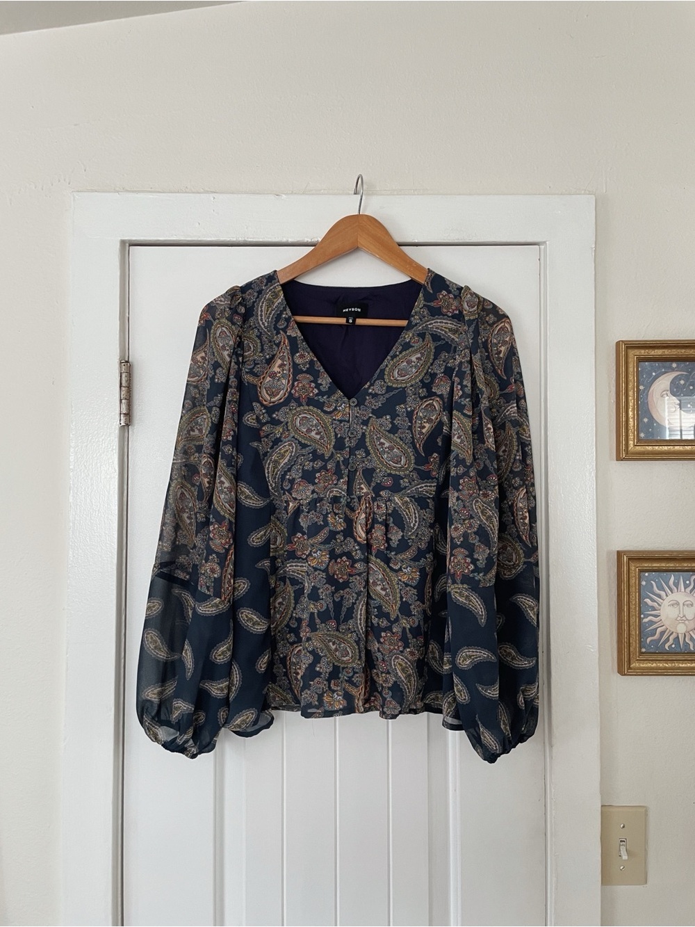 Heyson Paisley V-Neck Long Sleeve Baby Doll Blouse Navy Size Small EUC